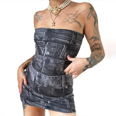 Printed Denim Strappy Dress