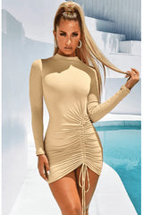 Apricot Round Neck Long Sleeve Slim Dress