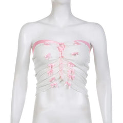 Ribbed Bowknot Contrast Lace Up Backless Tube Top - Final Sale