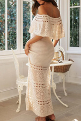 Sexy Solid Hollowed Out Off The Shoulder One Step Skirt Dresses