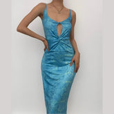 Ruched Knotted Slit Print Hollow Out Backless Cami Midi Dress