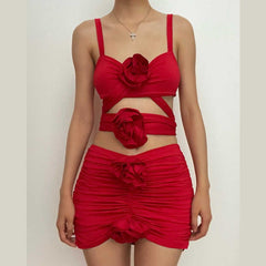 Solid Ruched Hollow Out Flower Applique Backless Mini Dress