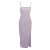 Lace Up Back Slit Knitted Cami Maxi Dress