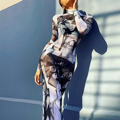 Retro Print Mesh Long Slim Dress