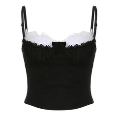Lace Hem Contrast Patchwork Ruched Corset Button Cami Top