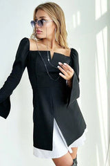 Puff Sleeves Square Neck Slits Dress