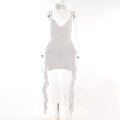 Ruched Solid V Neck Ruffle Flower Applique Cami Mini Dress