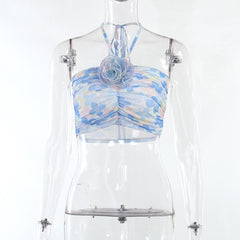 Contrast Ruched Halter Mesh Flower Applique Self Tie Crop Top