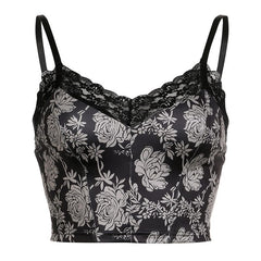 Flower Print Lace Hem V Neck Contrast Backless Cami Crop Top