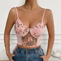 Butterfly Embroidery Mesh Bustier Lace Up Padded Cami Top