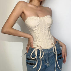 Ruffle Solid Lace Up Corset Self Tie Backless Tube Top