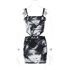 Contrast Abstract Print Square Neck Cami Mini Skirt Set