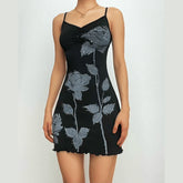 Rose Pattern Contrast V Neck Backless Cami Mini Dress