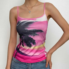 Beach Print U Neck Backless Contrast Cami Top