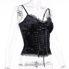 V Neck Hem Lace Velvet Lace Up Cami Top