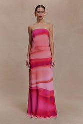Amaya Strapless Chiffon Maxi Dress - Pink Sunset Print