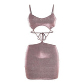 Low Cut V Neck Textured Hollow Out Self Tie Cami Mini Dress
