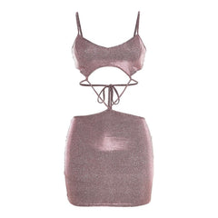 Low Cut V Neck Textured Hollow Out Self Tie Cami Mini Dress