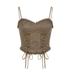 Lace Button Bustier Lace Up Sweetheart Neck Cami Crop Top - Final Sale