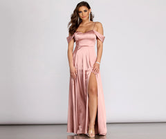 Cassia Lace-Up Back Charming Off Shoulder Satin Dress
