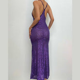 Glitter U Neck See Through Backless Cami Maxi Dress