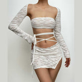 Long Sleeve Solid Self Tie Shrug Textured 2 Piece Tube Top Skirt Set