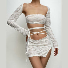 Long Sleeve Solid Self Tie Shrug Textured 2 Piece Tube Top Skirt Set