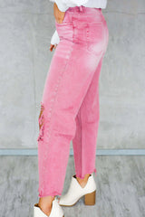 Peach Blossom Distressed Hollow-Out High Waist Cropped Flare Jeans
