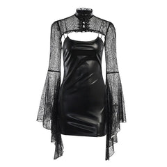 Pu Leather Solid Square Neck Spaghetti Strap Backless Cami Dress
