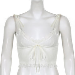 Hem Lace Self Tie Ribbed Crop Cami Top