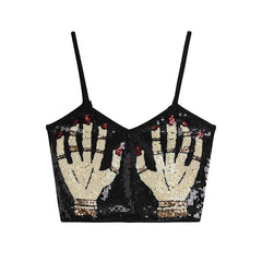 Palm Pattern Glitter Backless Contrast Cami Top