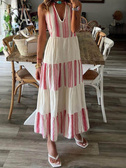 Stylish Striped Printed Charming V-Neck Sleeveless Midi Dress