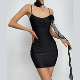 Flower Applique Solid Backless V Neck Ribbon Cami Mini Dress