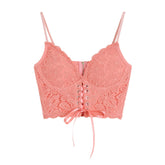 V Neck Heart Neck Solid Lace Up Zip-Up Lace Hem Cami Top