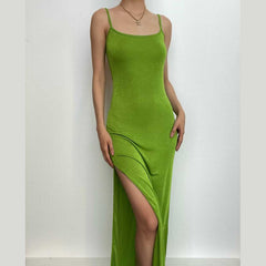 Backless Square Neck Lace Up Backless Solid Slit Cami Midi Dress