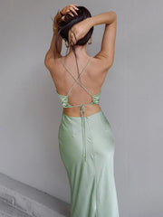 Satin Neck Sleeveless Sleeveless Halter Dress