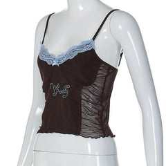 Ruffle Beaded Lace Hem V Neck Mesh Contrast Cami Top