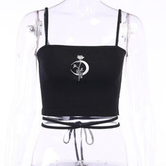 Embroidered Ribbed Cross Tie Back Crop Cami Top