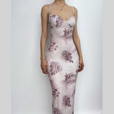 Flower Print Contrast Sweetheart Neck Backless Cami Midi Dress