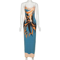 Low-Cut Print Backless Cami Midi Dress