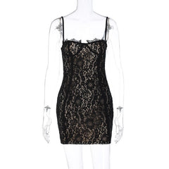 Lace Contrast Zip-Up Backless Cami Mini Dress