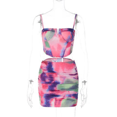 Ruched Contrast Tie Dye Notch Neck Backless Corset Cami Mini Skirt Set
