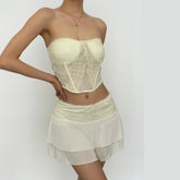 Mesh Solid Sleeveless Backless Lace Hem Tube Top Skirt Set