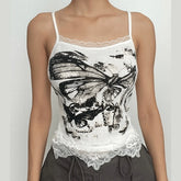 Ribbed Butterfly Pattern Lace Hem Contrast Cami Crop Top