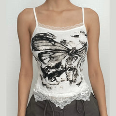 Ribbed Butterfly Pattern Lace Hem Contrast Cami Crop Top