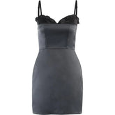 Patchwork Satin Ruffle Contrast Zip-Up Backless Cami Mini Dress - Final Sale