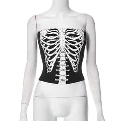 Backless Zip-Up Skull Pattern Contrast Tube Top