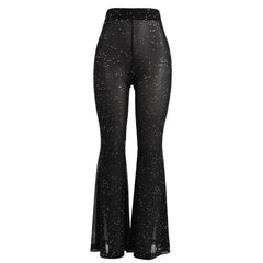 Hot Sparkly Rhinestone Black Mesh Sexy Flare Pants Streetwear Rave Bottoms See Through Beach Bell Bottom Pants C66-Be16