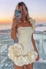 Ruffled Flower One-Shoulder Bud Waist Dress