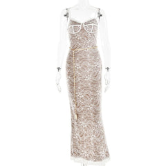 Lace Contrast Zip-Up Backless Slit Cami Maxi Dress